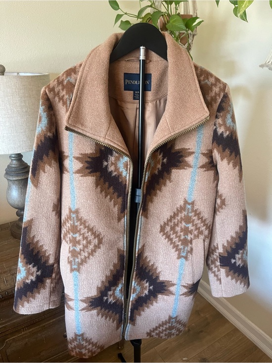 Pendleton Jackets & Blazers - Pendleton Tan Wool Aztec-Pattern Zip Coat with Blue Accents